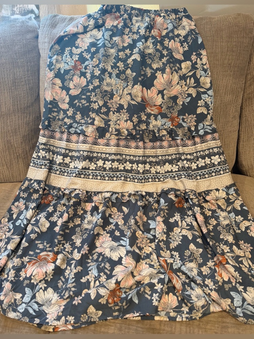Sienna Sky Navy Floral Tiered Maxi Skirt with Blush and Cream Accents